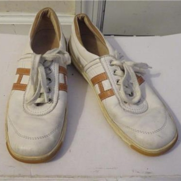 HOGAN WHITE,TAN LEATHER LACED UP SNEAKERS SIZE 8.5 - Picture 1 of 5
